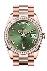 Rolex Day Date 36 Olive Green Diamond Dial Diamond Bezel Rose Gold President Diamond Bracelet 128345RBR